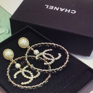 Gold-Tone Pearl Hoop Earrings with Crystal Logo Drop